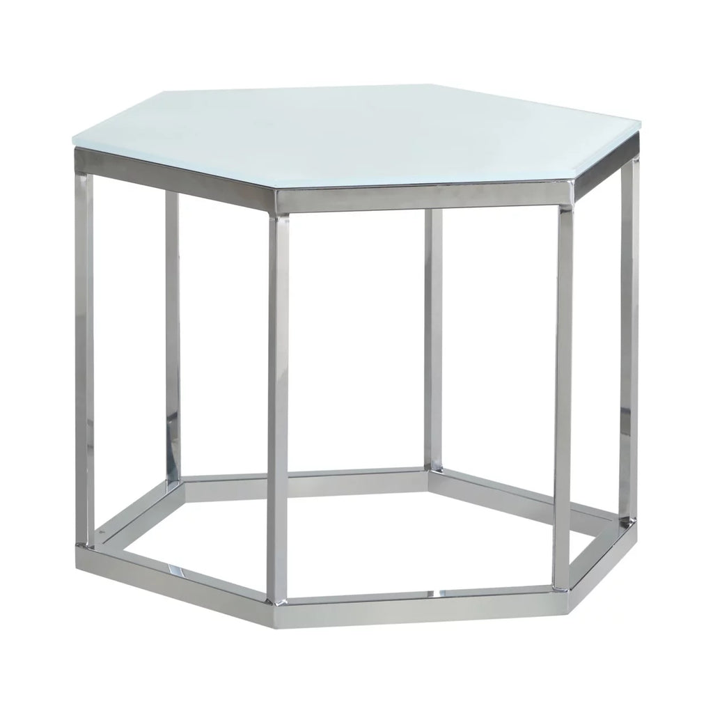 Hexagon Glass Top Accent Table White and Silver P823