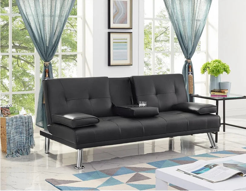 Black Faux Leather Futon Sofa Bed Z84763