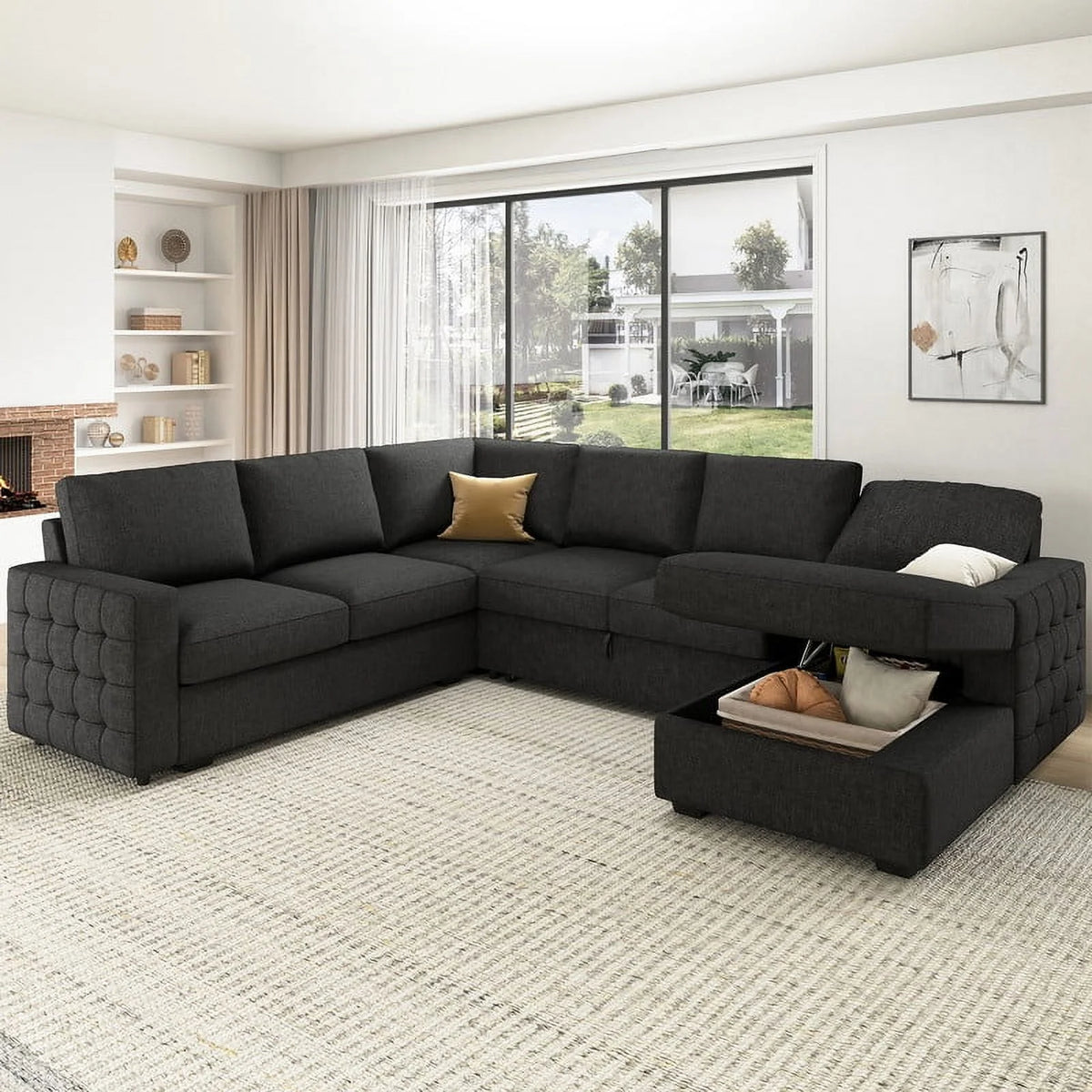 Dark Grey Convertible Sleeper Sectional Sofa with Pull-out Bed and Storage Chaise X27544