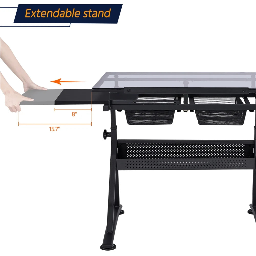 Black Adjustable Glass Top Drafting Table with Stool Q943589