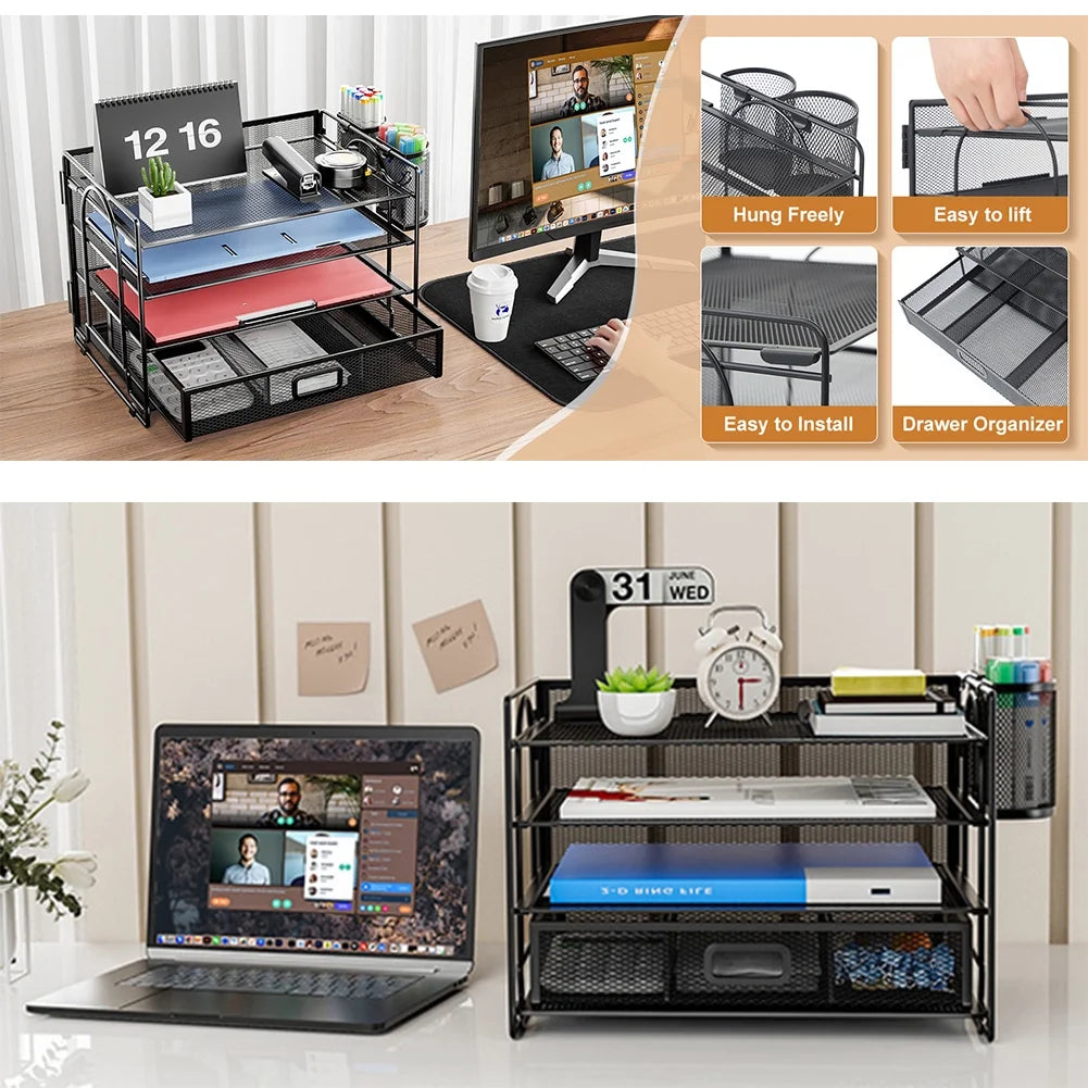 Black 4-Trays Mesh Desktop File Organizer with Drawer and Pen Holder R88168