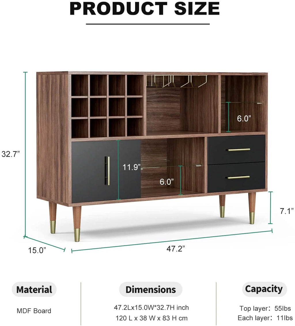 47 Inch Walnut Black Kitchen Sideboard Buffet Storage Cabinet with Wine Rack H56865