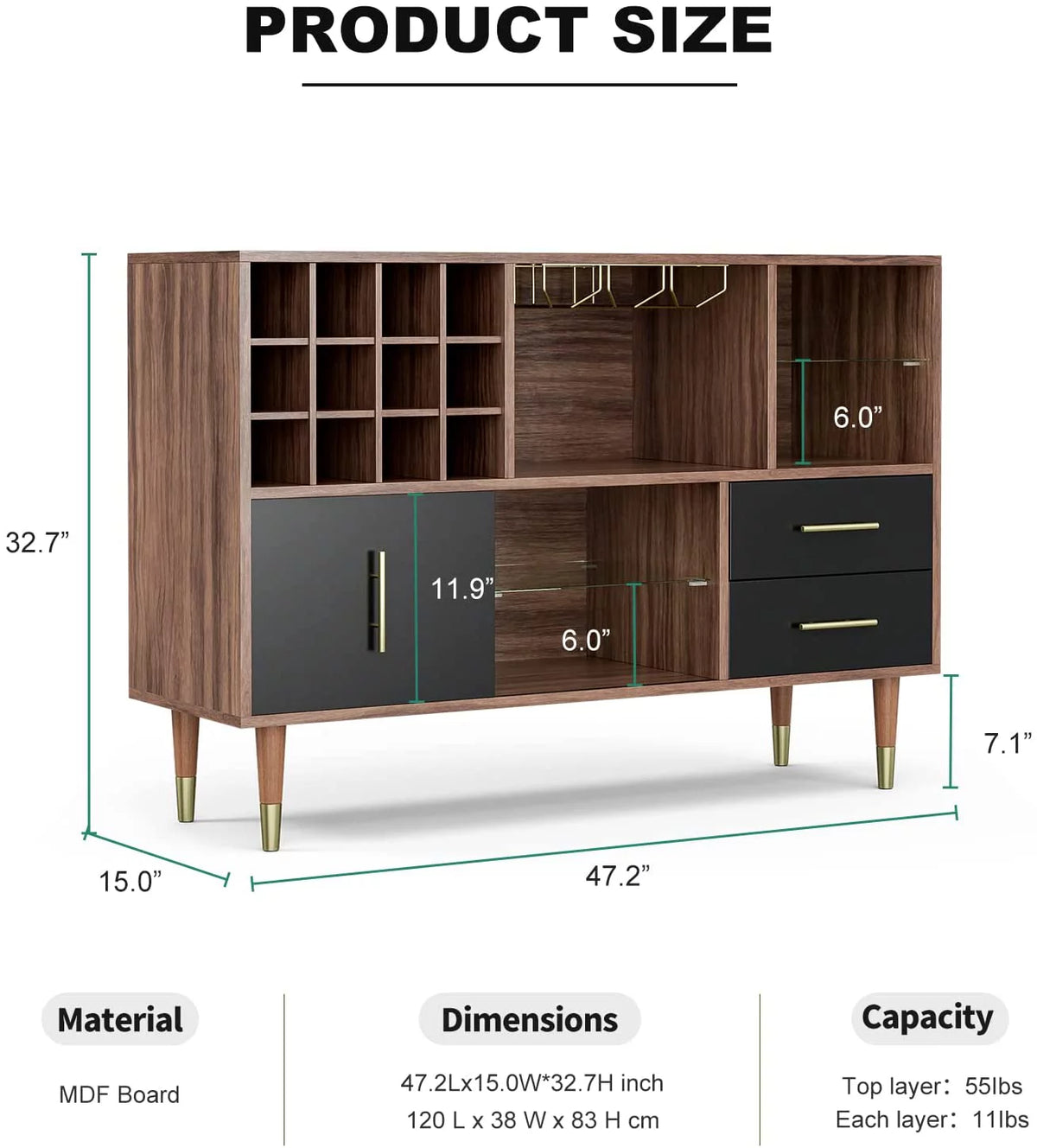 47 Inch Walnut Black Kitchen Sideboard Buffet Storage Cabinet with Wine Rack H56865