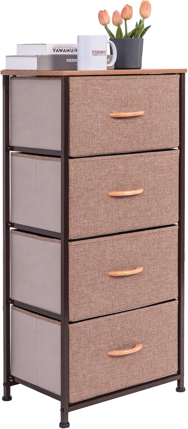 Vertical Dresser Storage Tower, Steel Frame, Wood Top, Fabric Bins, 4 Drawers, Brown Z789