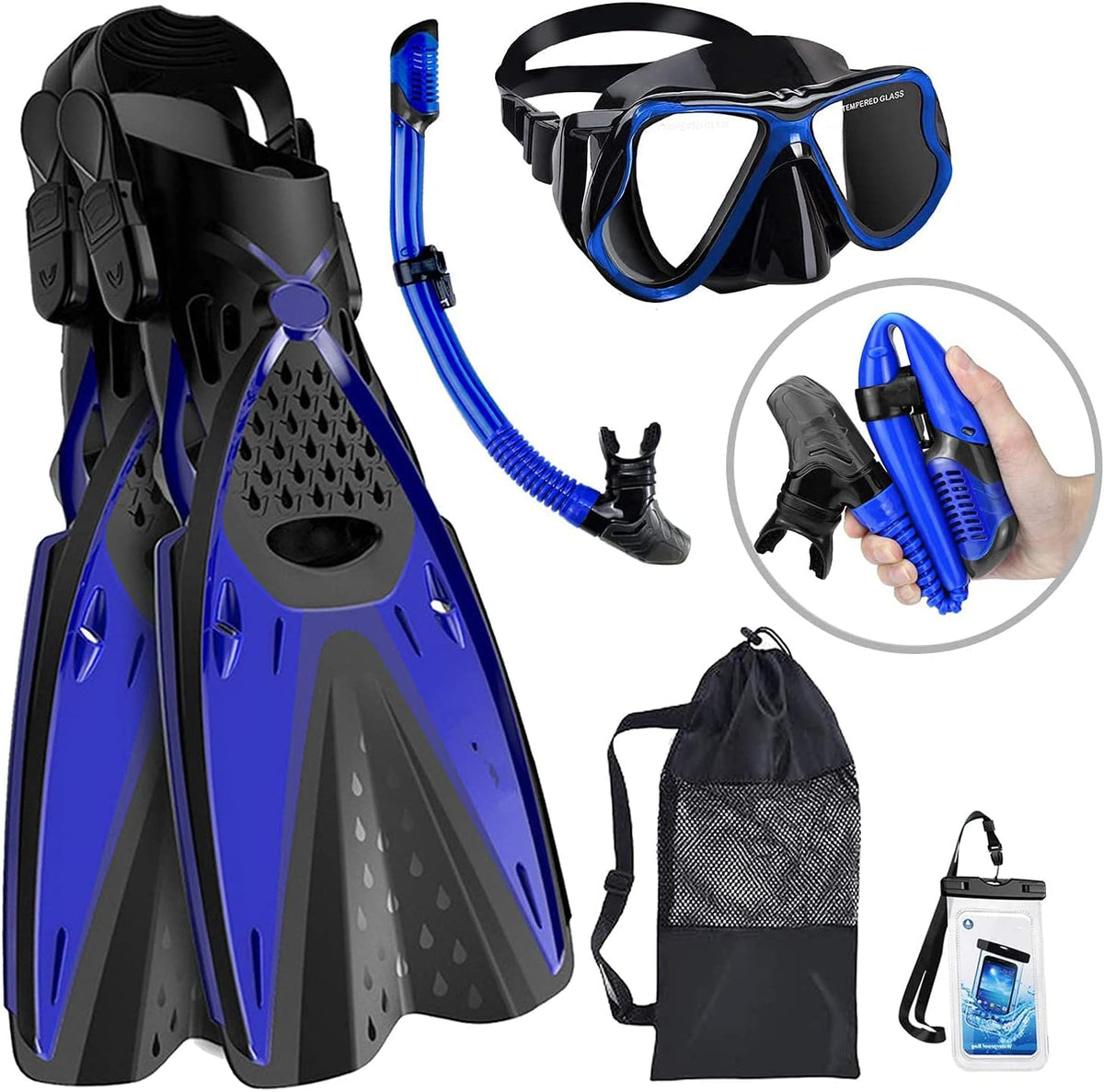 Snorkeling Mask, Diving Snorkel Tube, Adjustable Snorkeling Fins, Carry Bag, Waterproof Phone Bag E2427