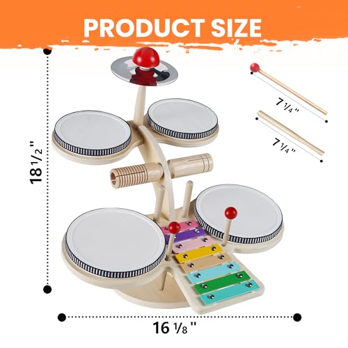 Wooden 8 in 1 Percussion Drum Kit with Xylophone Cymbal W32356