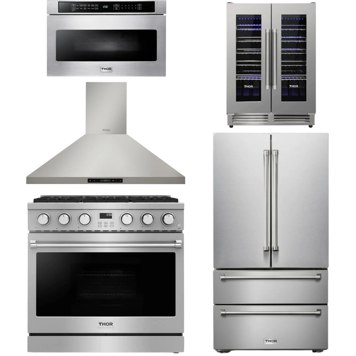 36 Gas Range, Range Hood, Refrigerator, Microwave and Wine Cooler N87343