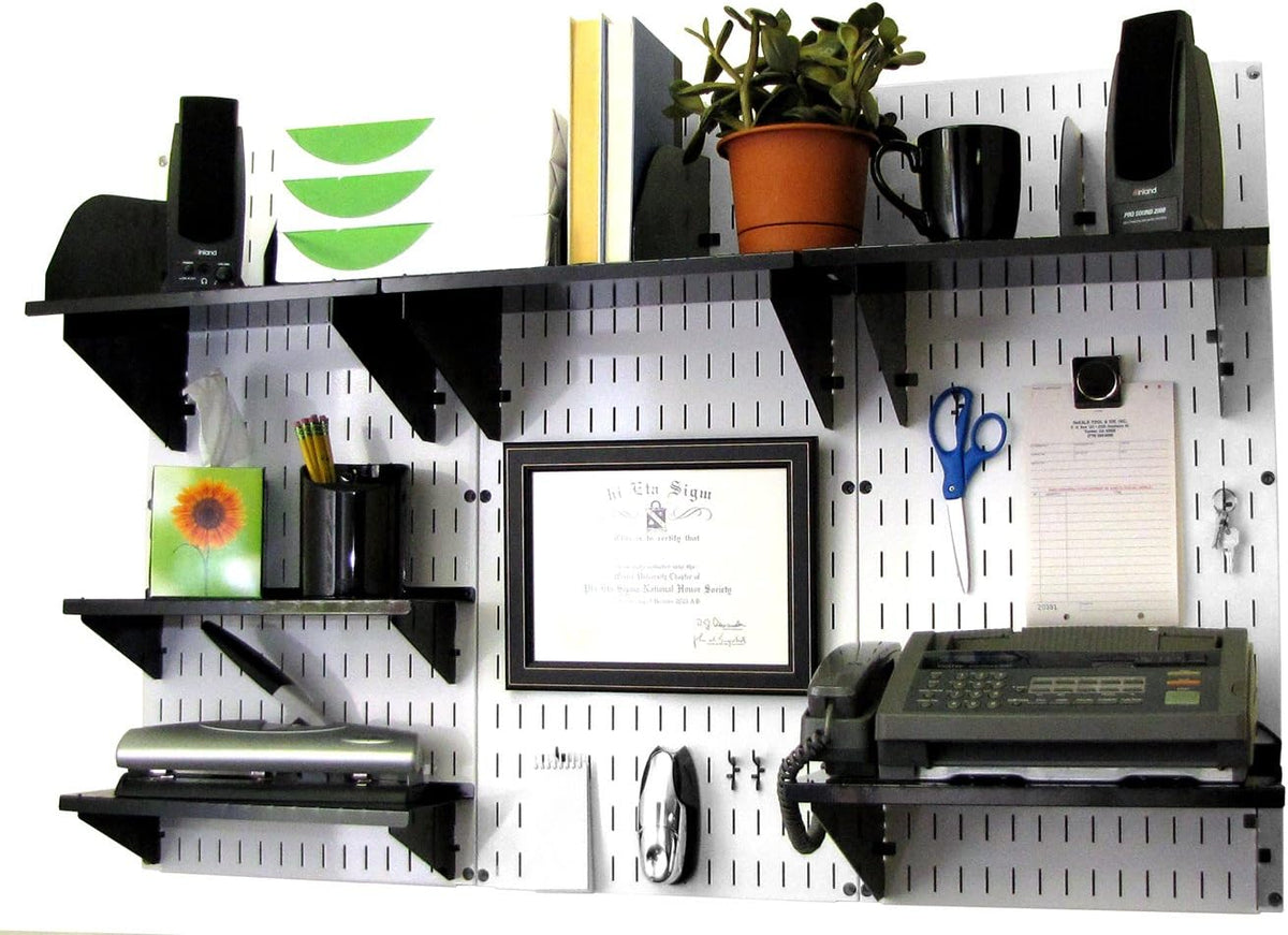Black Wall Mounted Office Storage Organizer Kit with Metallic Wall Panels O535
