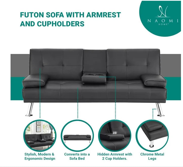 Black Faux Leather Futon Sofa Bed Z84763