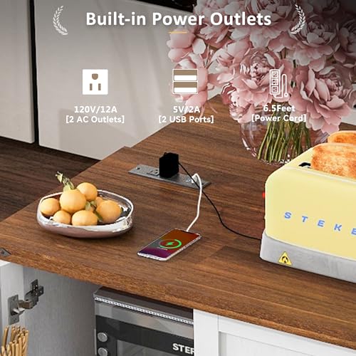 54.5" Farmhouse Mobile Kitchen Island with Power Outlet, Drop Leaf, Spice Rack and Drawer D231