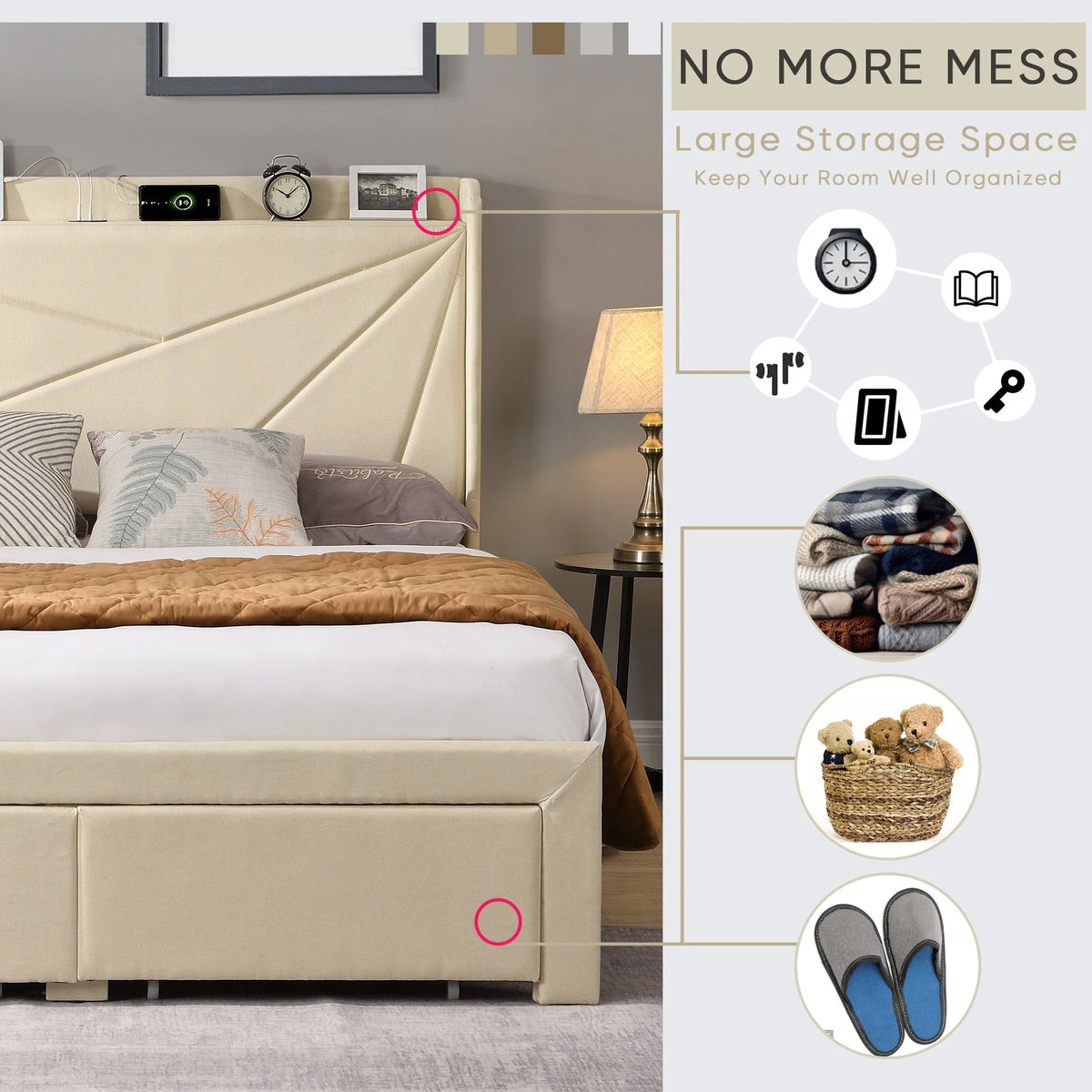 Beige Full Size Bed Frame with 2 Storage Drawers R8193