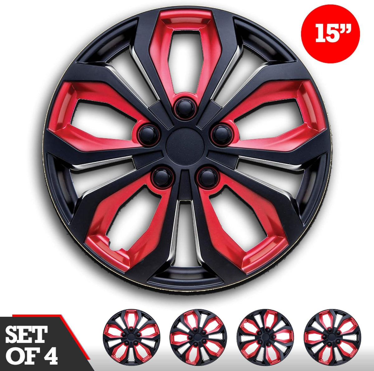 15-Inch Set of 4 Black Red Car Wheel Hubcaps P384894