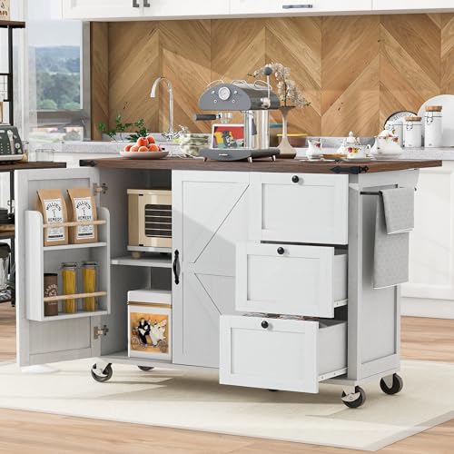 54.5" Farmhouse Mobile Kitchen Island with Power Outlet, Drop Leaf, Spice Rack and Drawer D231