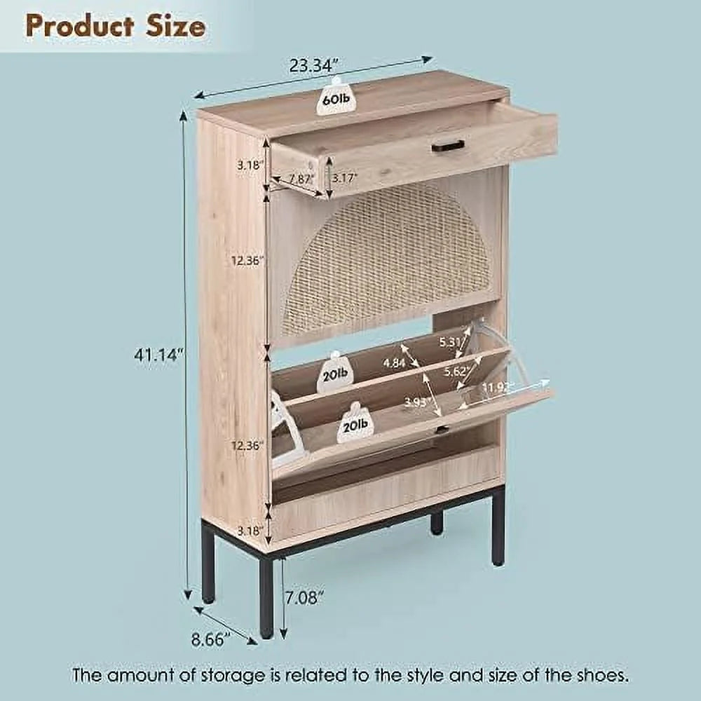 Shoe Cabinet with Flip Drawers and Woven Rattan Doors R6423