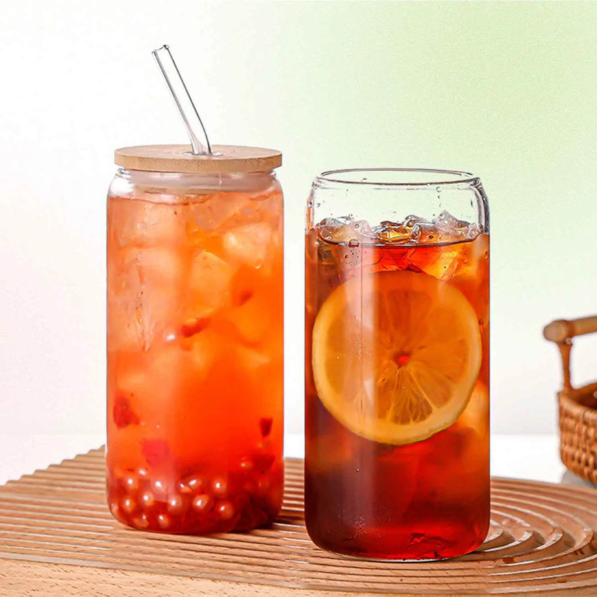 Can Shaped Glass Cups with Bamboo Lids and Glass Straw 6pcs W590
