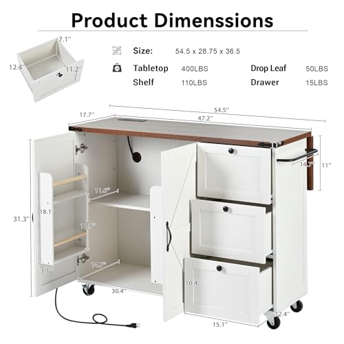 54.5" Farmhouse Mobile Kitchen Island with Power Outlet, Drop Leaf, Spice Rack and Drawer D231