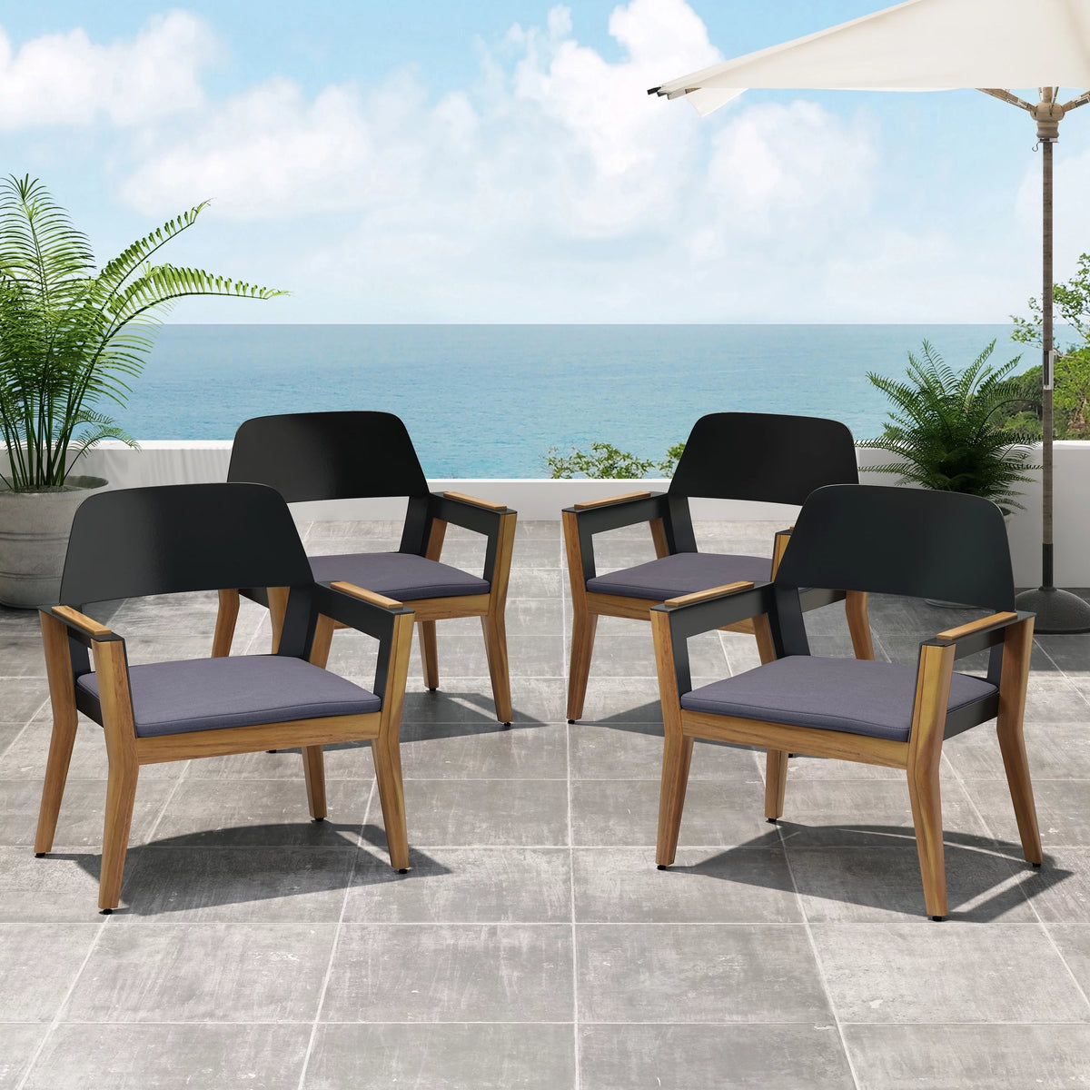Acacia Wood Club Chairs with Cushion, Set of 4 X95866