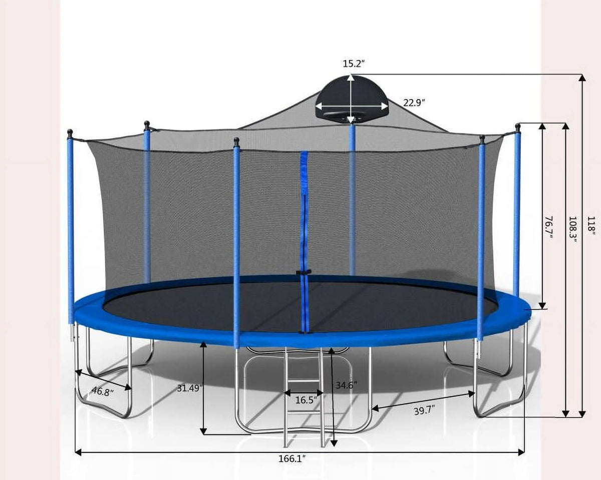 14 FT Trampoline Set with Safety Enclosure Net, Basketball Backboard and Ladder Y451598