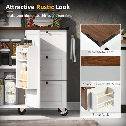 54.5" Farmhouse Mobile Kitchen Island with Power Outlet, Drop Leaf, Spice Rack and Drawer D231