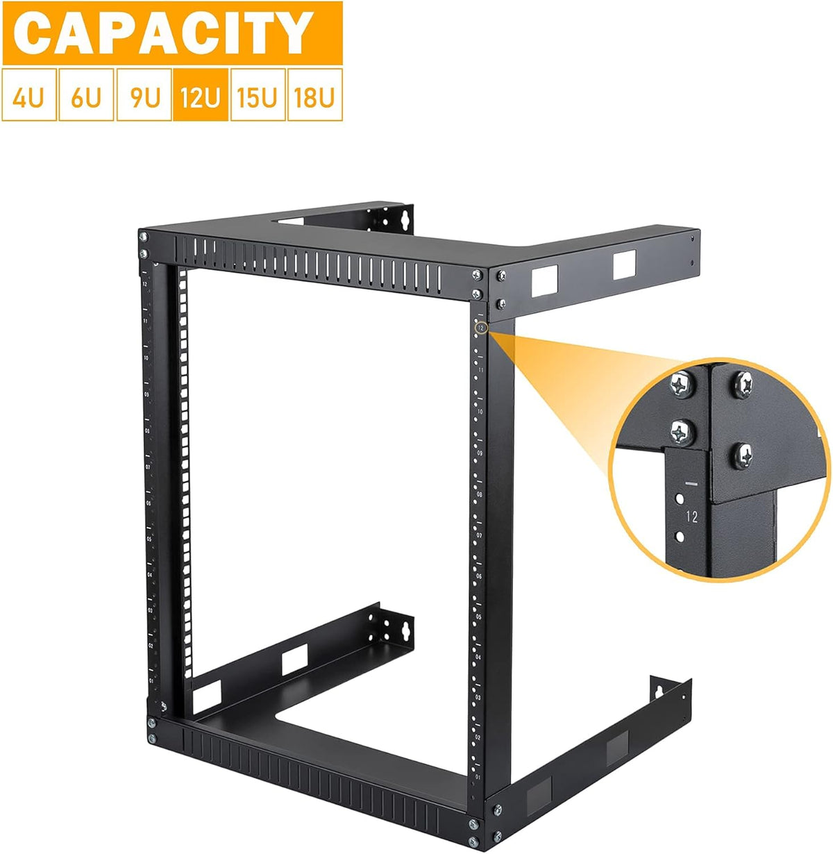 Black 12U 19 Wall Mount Server Rack, 17.7 Deep 2 Post Open Frame Cabinet C300435