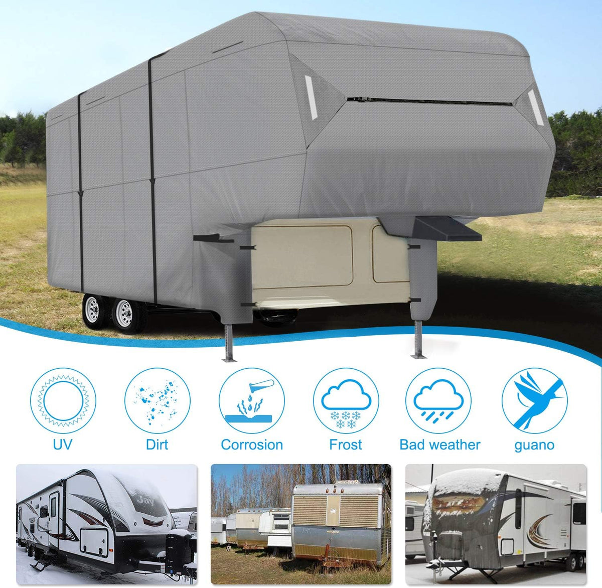 5th Wheel RV Cover 3-Ply Ripstop Waterproof with Steel Pole (26'-29') T48096