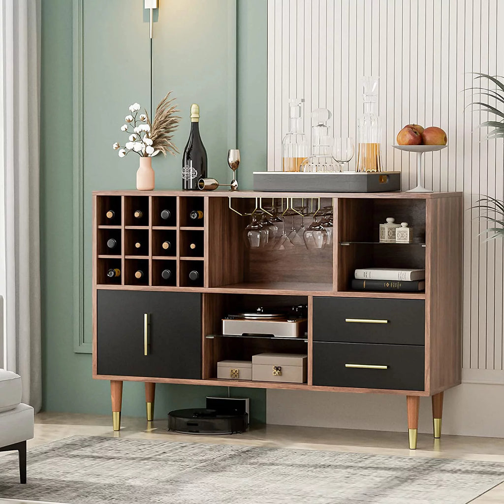 47 Inch Walnut Black Kitchen Sideboard Buffet Storage Cabinet with Wine Rack H56865