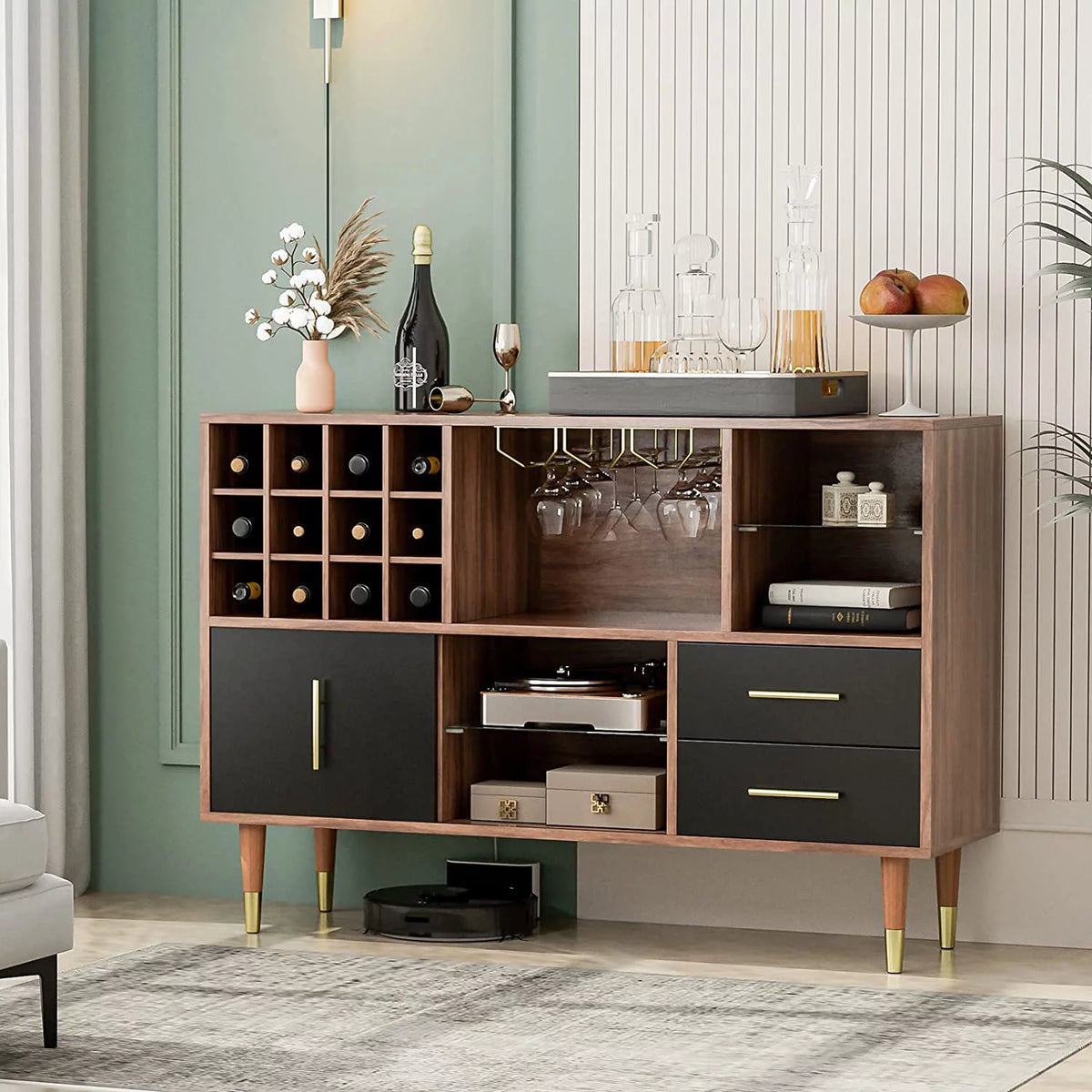 47 Inch Walnut Black Kitchen Sideboard Buffet Storage Cabinet with Wine Rack H56865