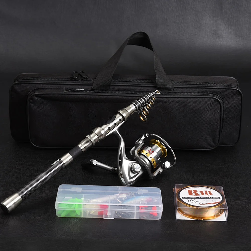 Telescopic Fishing Rod and Reel Combo Full Kit with 100M Fishing Line Lures Hooks Jig Head and Carrier Bag Case B2698