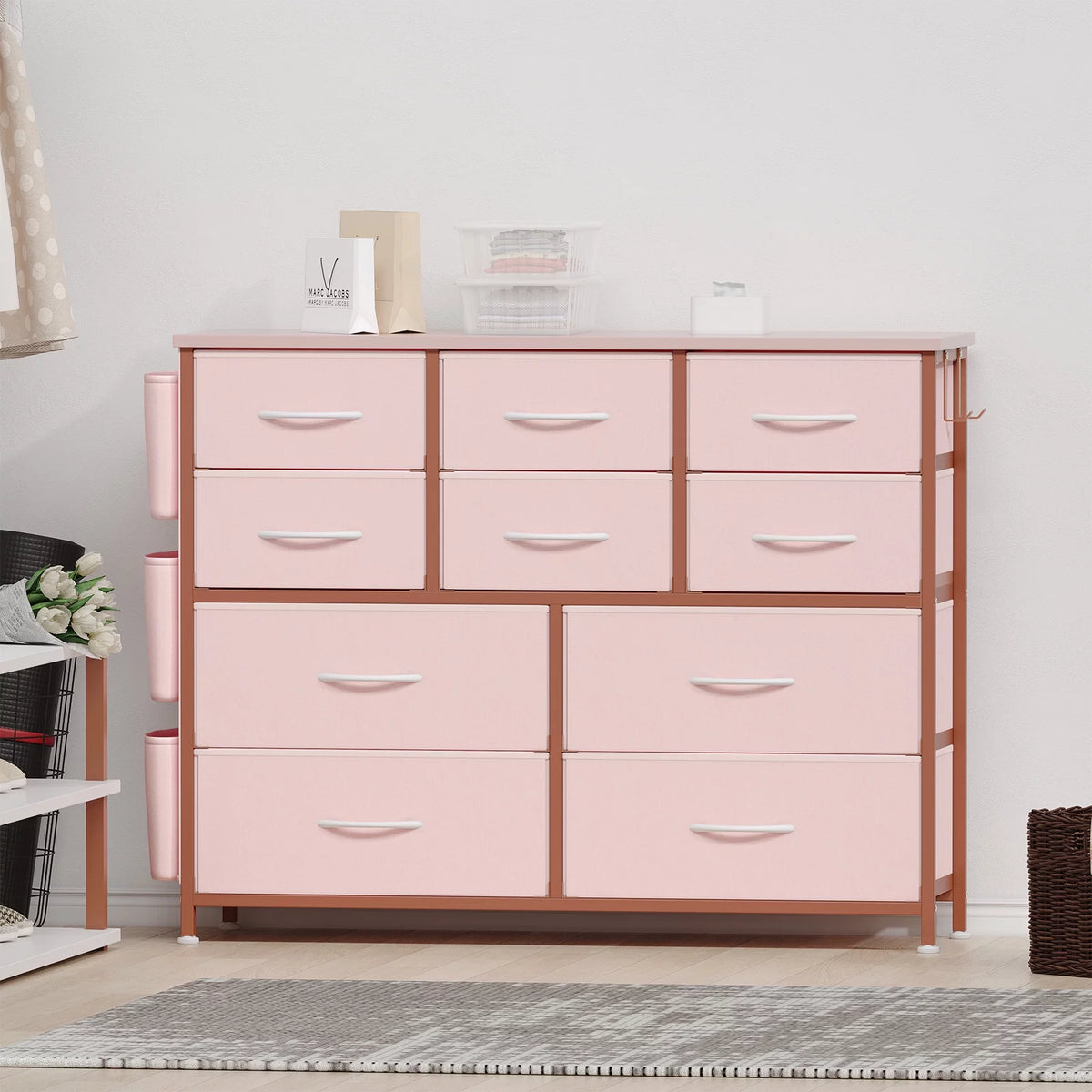 Pink 10 Drawer Fabric Dresser with Wood Tabletop A783044
