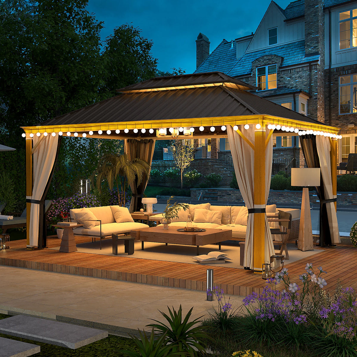 Brown Steel Frame Hardtop Gazebo with Curtains and Netting R954830