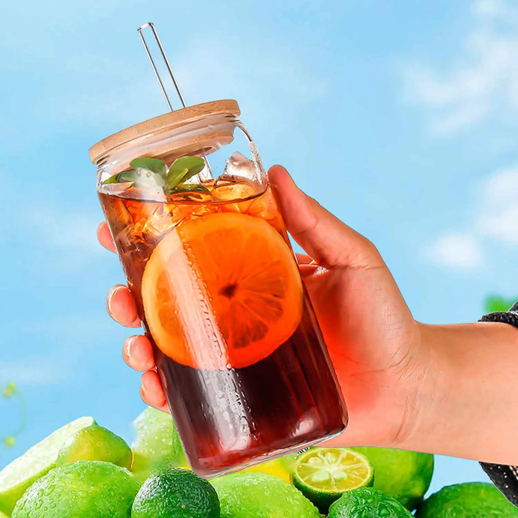 Can Shaped Glass Cups with Bamboo Lids and Glass Straw 6pcs W590
