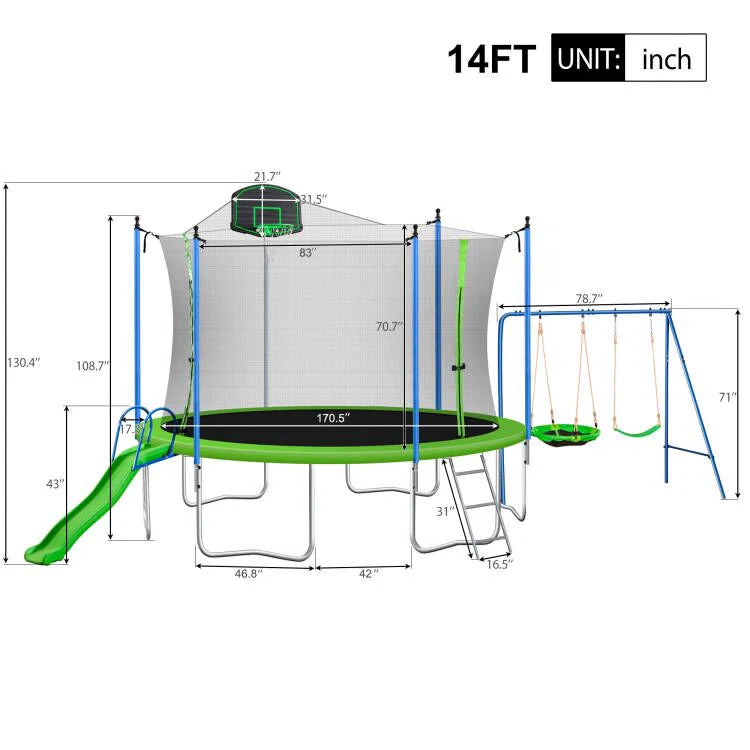 12/14FT Trampoline with Swing and Slide, 1000LBS Capacity N92577