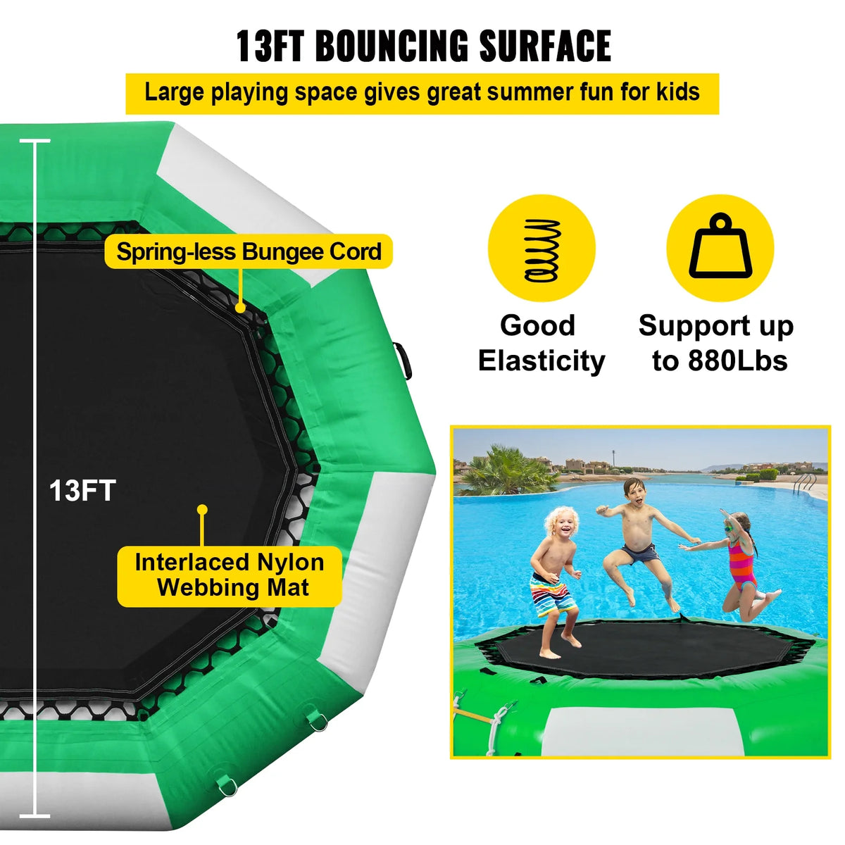 13ft Inflatable Water Bouncer, Green Water Trampoline Swim Platform Q720438