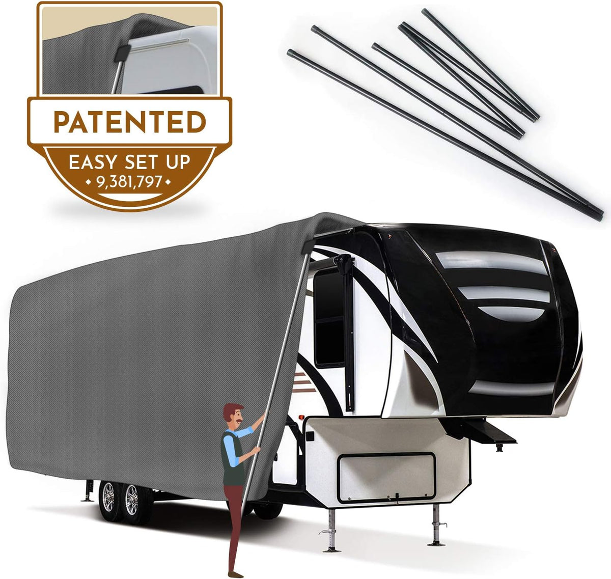 5th Wheel RV Cover 3-Ply Ripstop Waterproof with Steel Pole (26'-29') T48096
