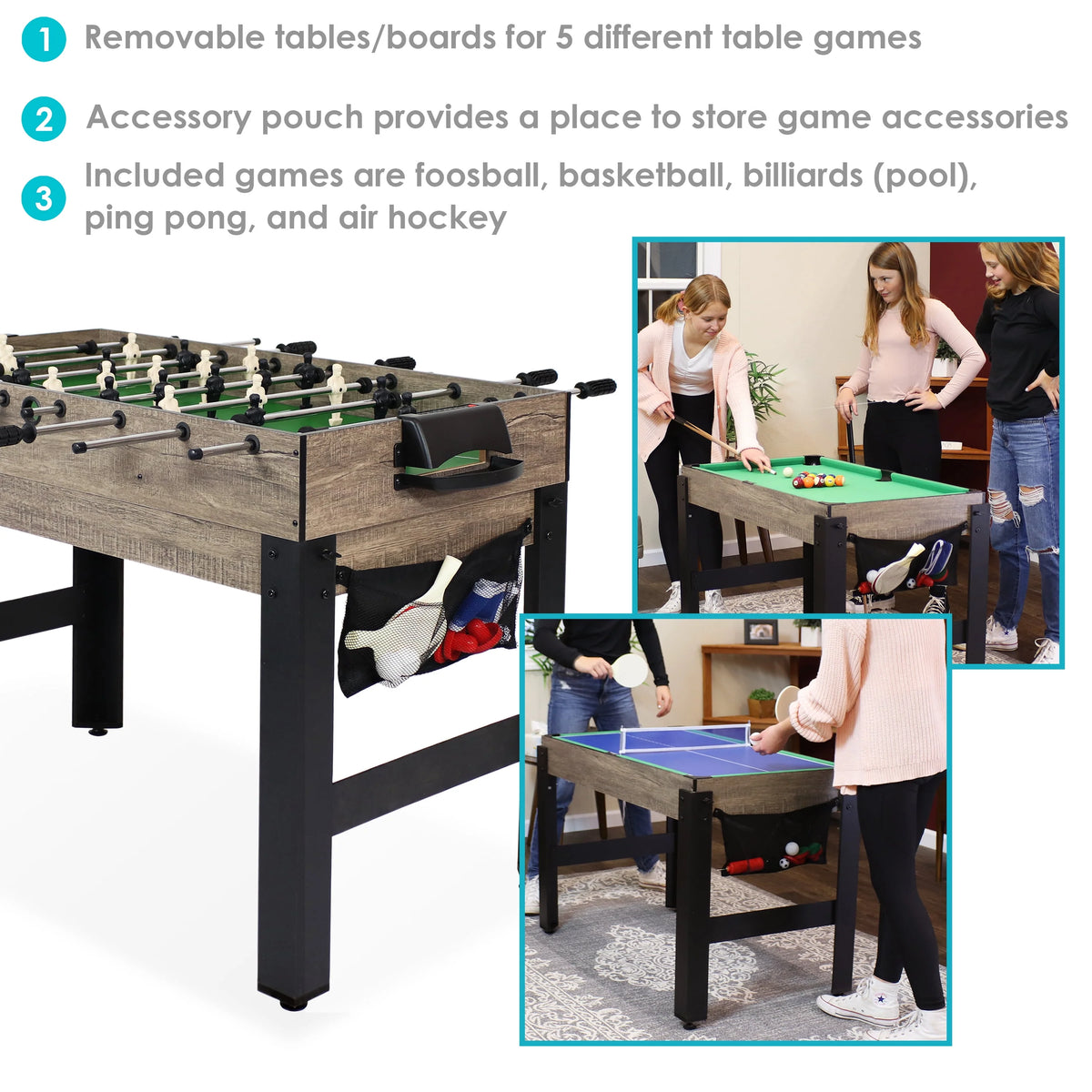 5-in-1 Multi-Game Table with Billiards, Push Hockey, Foosball, Ping Pong, and Basketball R931761