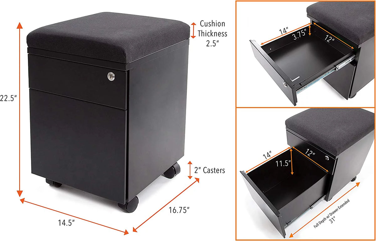 Black 2 Drawer Mobile File Cabinet with Cushion Top Z1641