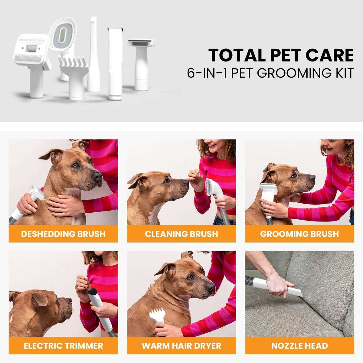 3-in-1 Pet Grooming Kit Vacuum Suction Dryer Clipper 6 Tools 4L Y788140