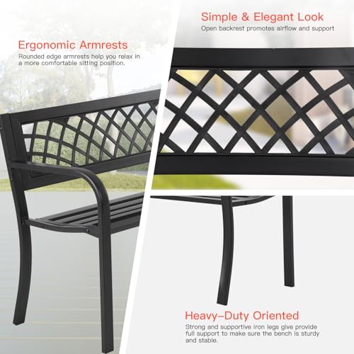 Iron Steel Frame Patio Bench with Mesh Pattern and Plastic Backrest Armrests, Black E3821