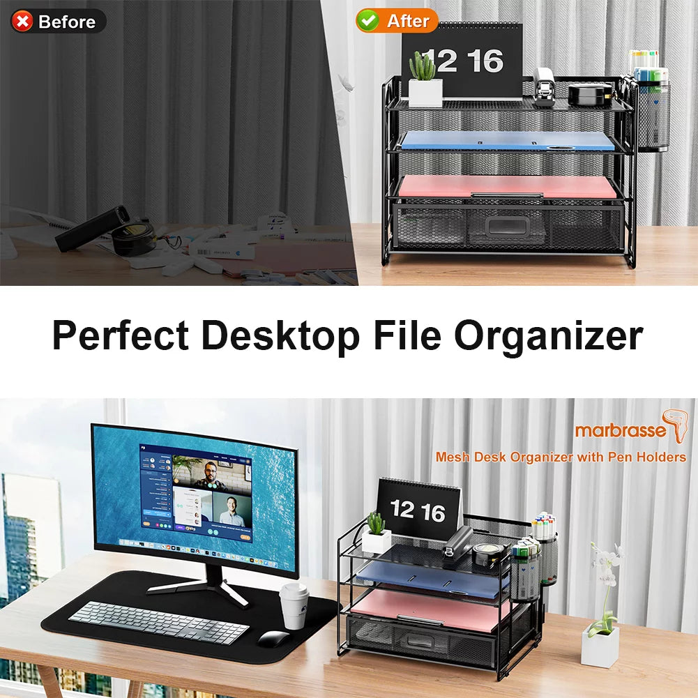 Black 4-Trays Mesh Desktop File Organizer with Drawer and Pen Holder R88168