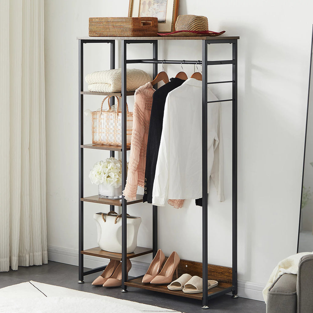 Brown Metal Clothes Rack with Wood Storage Shelves A70421
