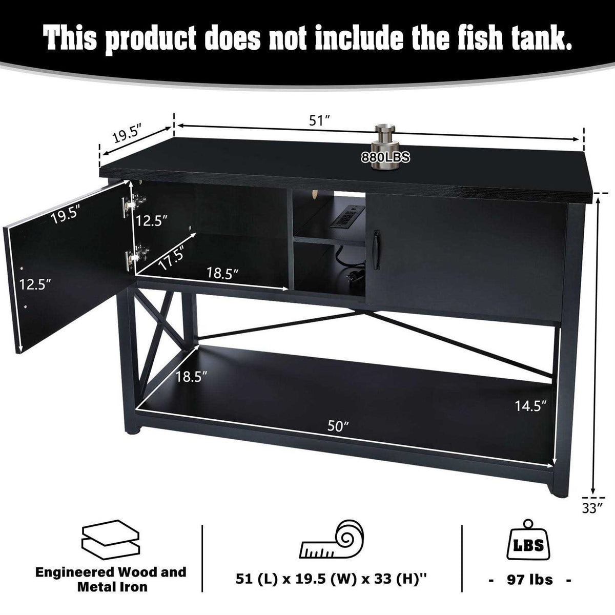 55-75 Gallon Aquarium Stand with Cabinet and Power Outlets B1304