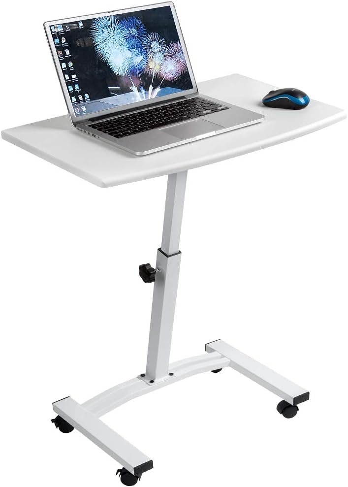 White Height Adjustable Portable Laptop Desk Cart with Wheels Z890723
