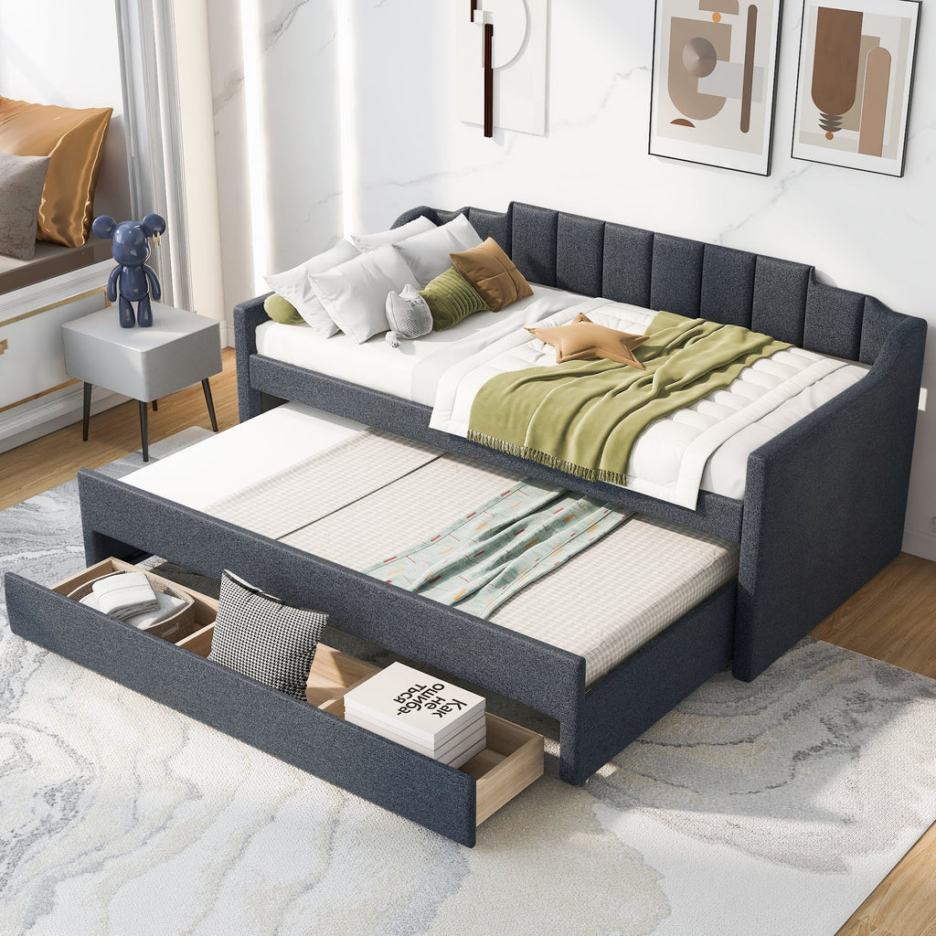 Twin Size Upholstered Daybed with Trundle and Drawers, Dark Gray U969530