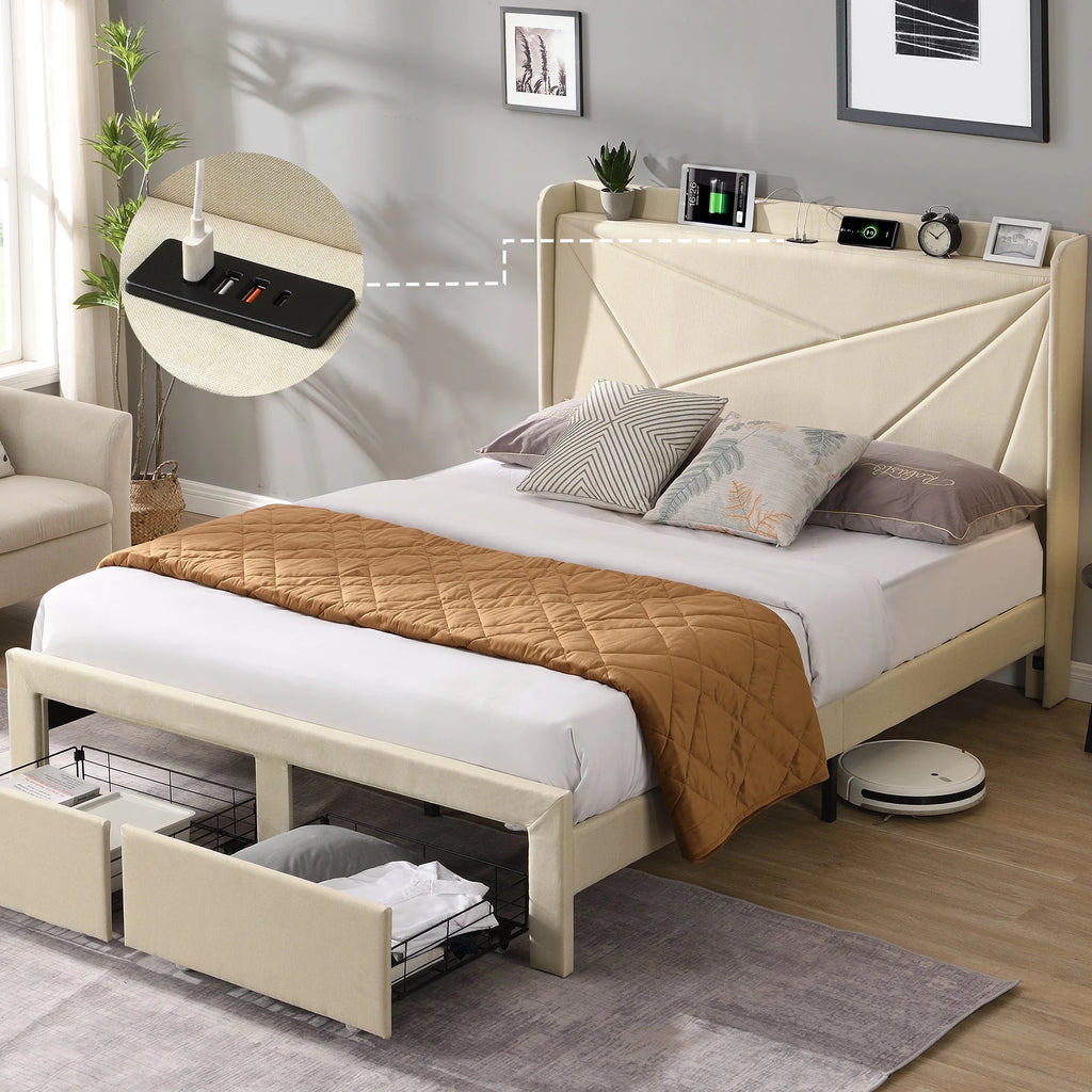 Beige Full Size Bed Frame with 2 Storage Drawers R8193