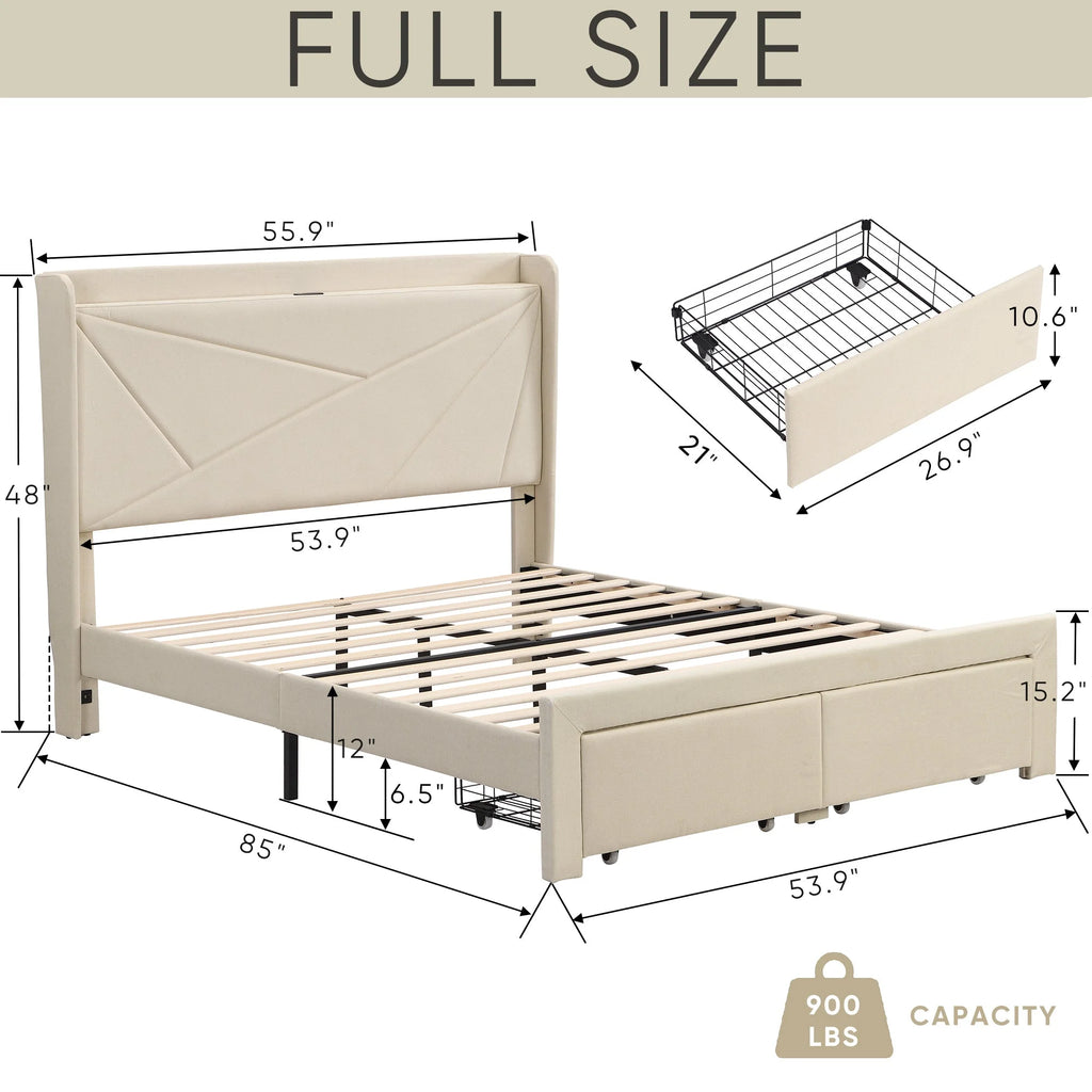 Beige Full Size Bed Frame with 2 Storage Drawers R8193