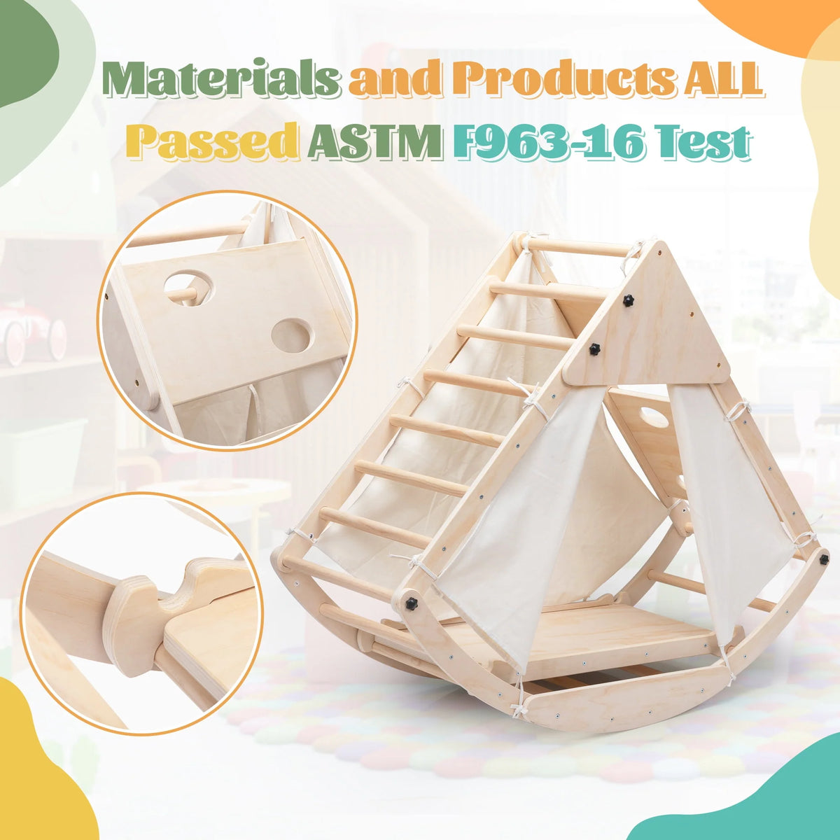 Foldable Wooden Climbing Triangle Ladder with Ramp B13434