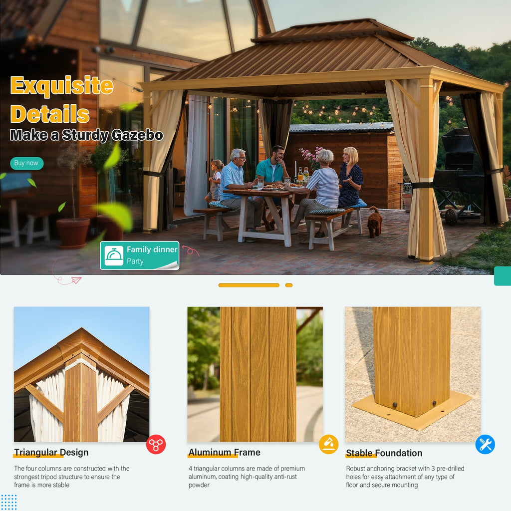 Brown Steel Frame Hardtop Gazebo with Curtains and Netting R954830
