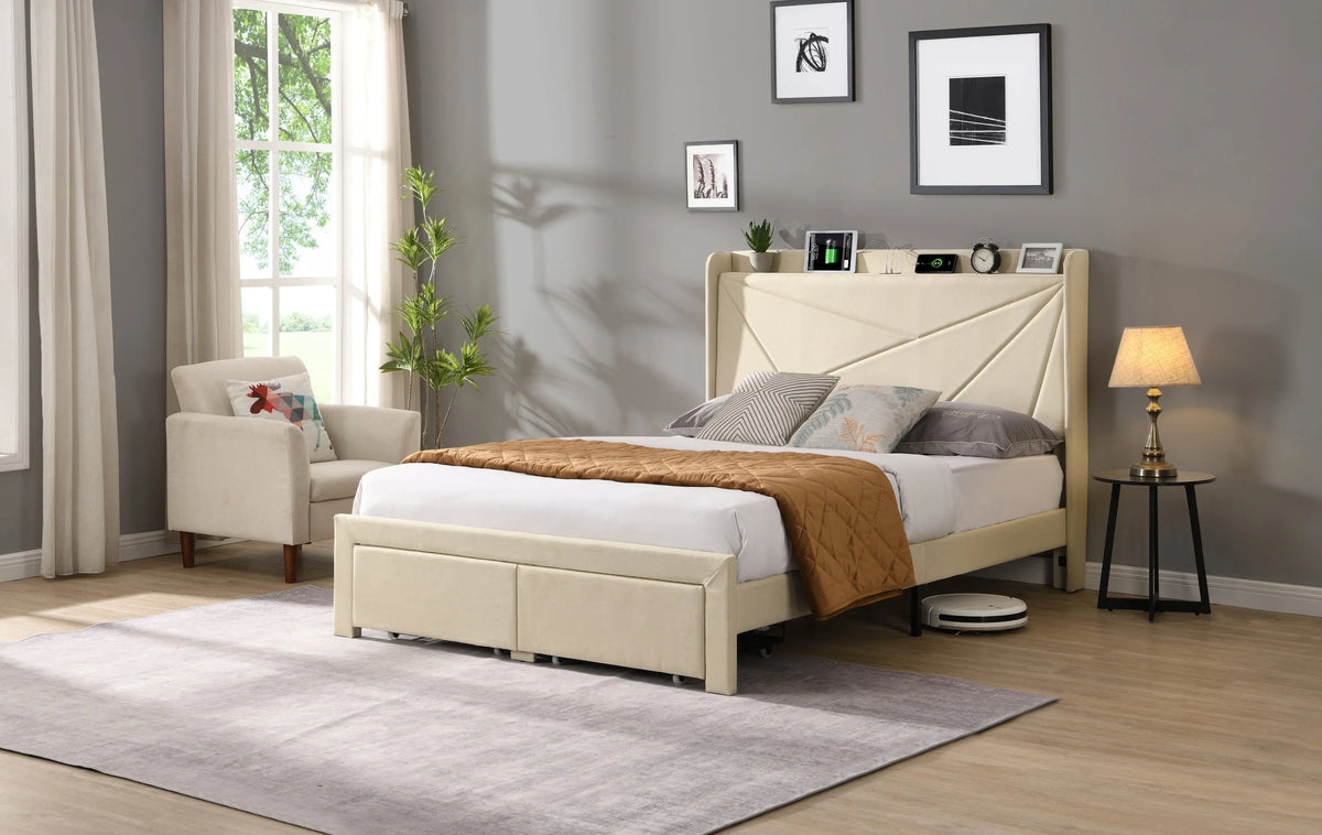 Beige Full Size Bed Frame with 2 Storage Drawers R8193