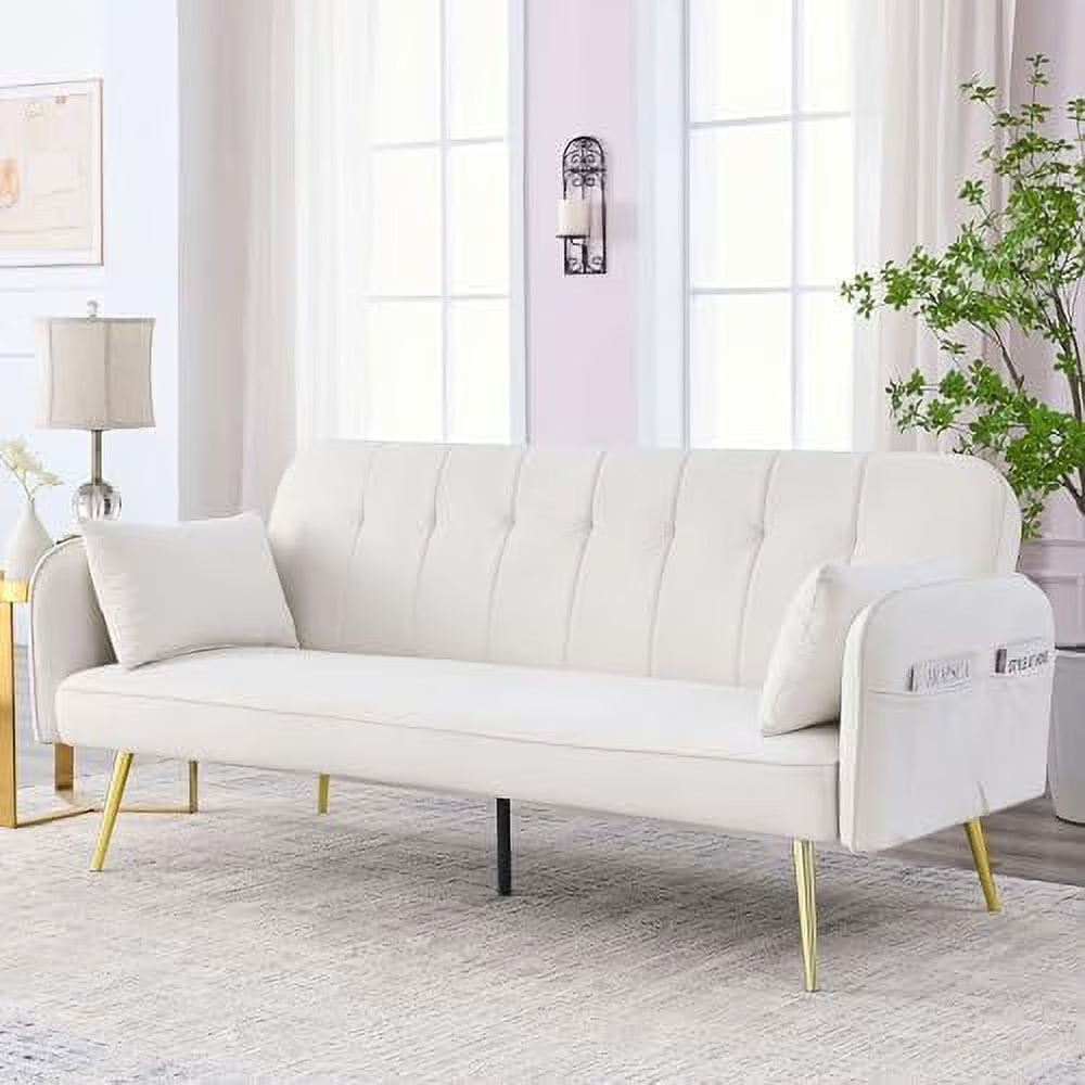 Black Convertible Folding Linen Fabric Futon Sofa Bed with Adjustable Backrest and Metal Legs W441