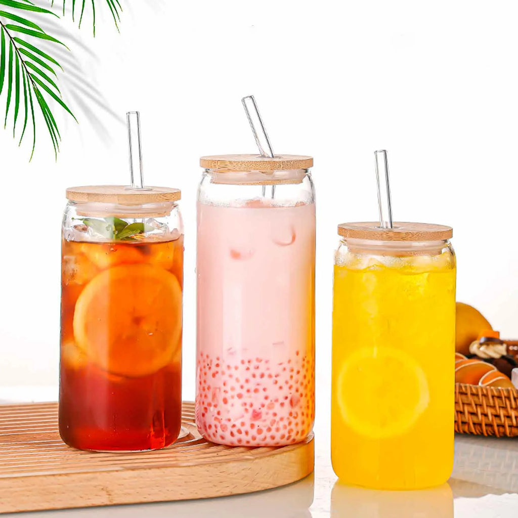 Can Shaped Glass Cups with Bamboo Lids and Glass Straw 6pcs W590
